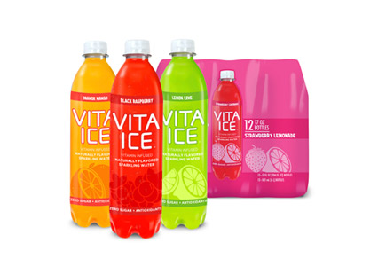 three Klarbrunn Vita Ice bottles and a 12-pack case