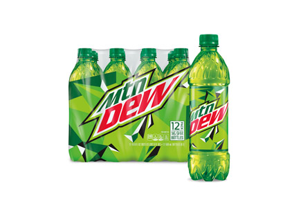 12-pack of Mountain Dew 20-oz. bottles and a single bottle