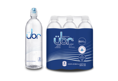 single Ubr Water bottle next to a case of Ubr Water
