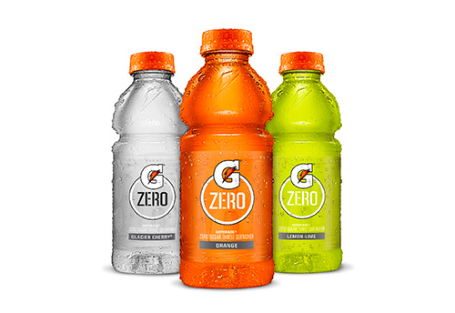 Three Gatorade Zero plastic product bottles of varying flavors