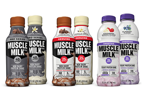 Six Muscle Milk plastic product bottles of varying flavors