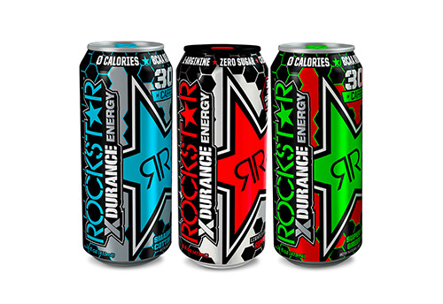 Three Rockstar Xdurance product cans of varying flavors