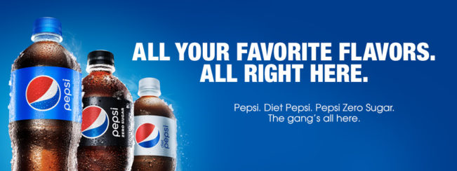 All you favorite flavors. All right here. Pepsi. Diet Pepsi. Pepsi Zero Sugar. The gang's all here.