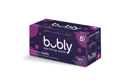 8-pack case of blackberry flavored Bubly Sparkling Water cans