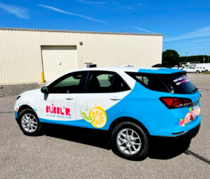 Karma Bubb 1 Bubbl'r car wrap on a small Mid-Wisconsin beverage car