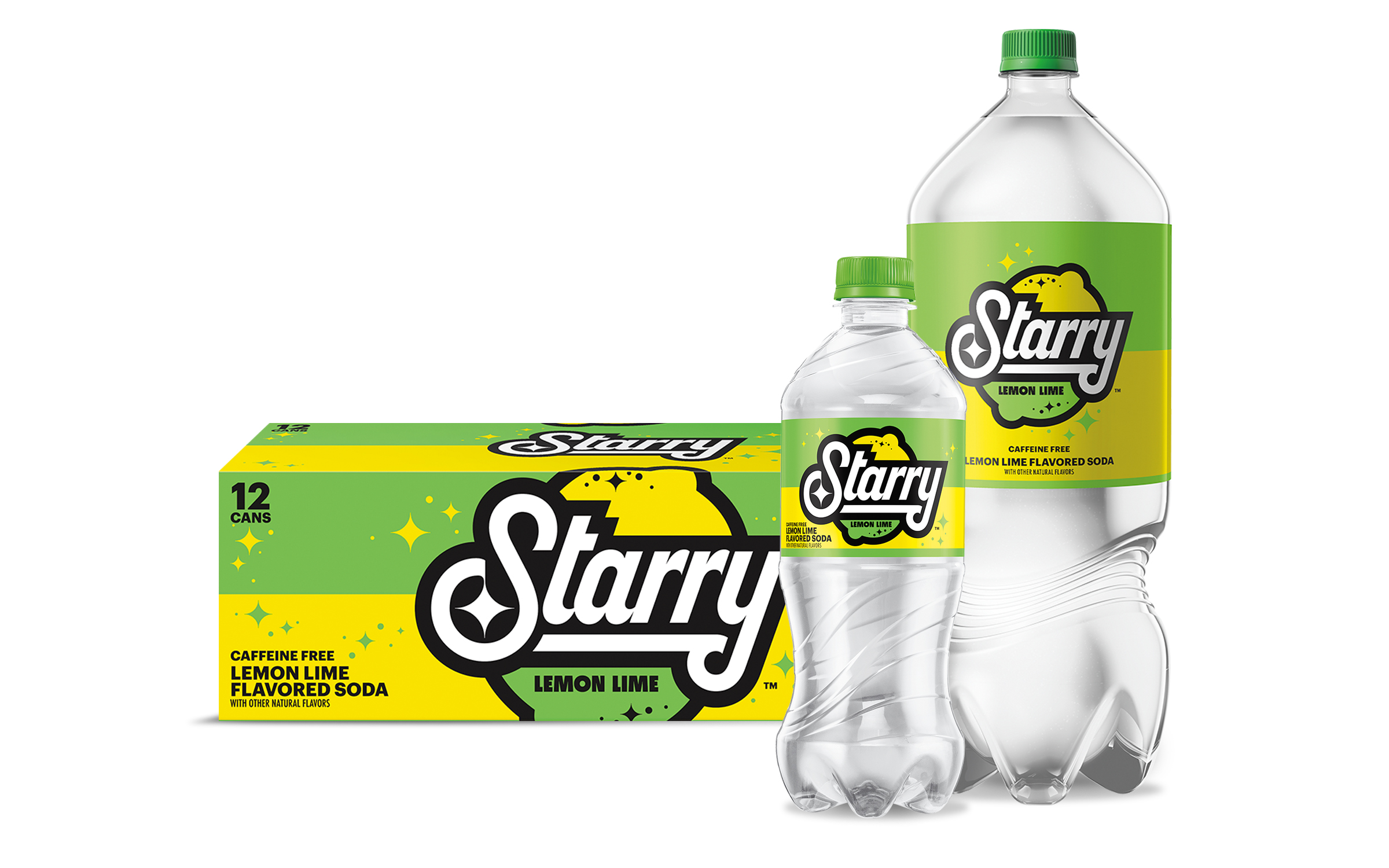Starry Lemon Lime soda 12-pack, 2-liter, and 16 oz bottle
