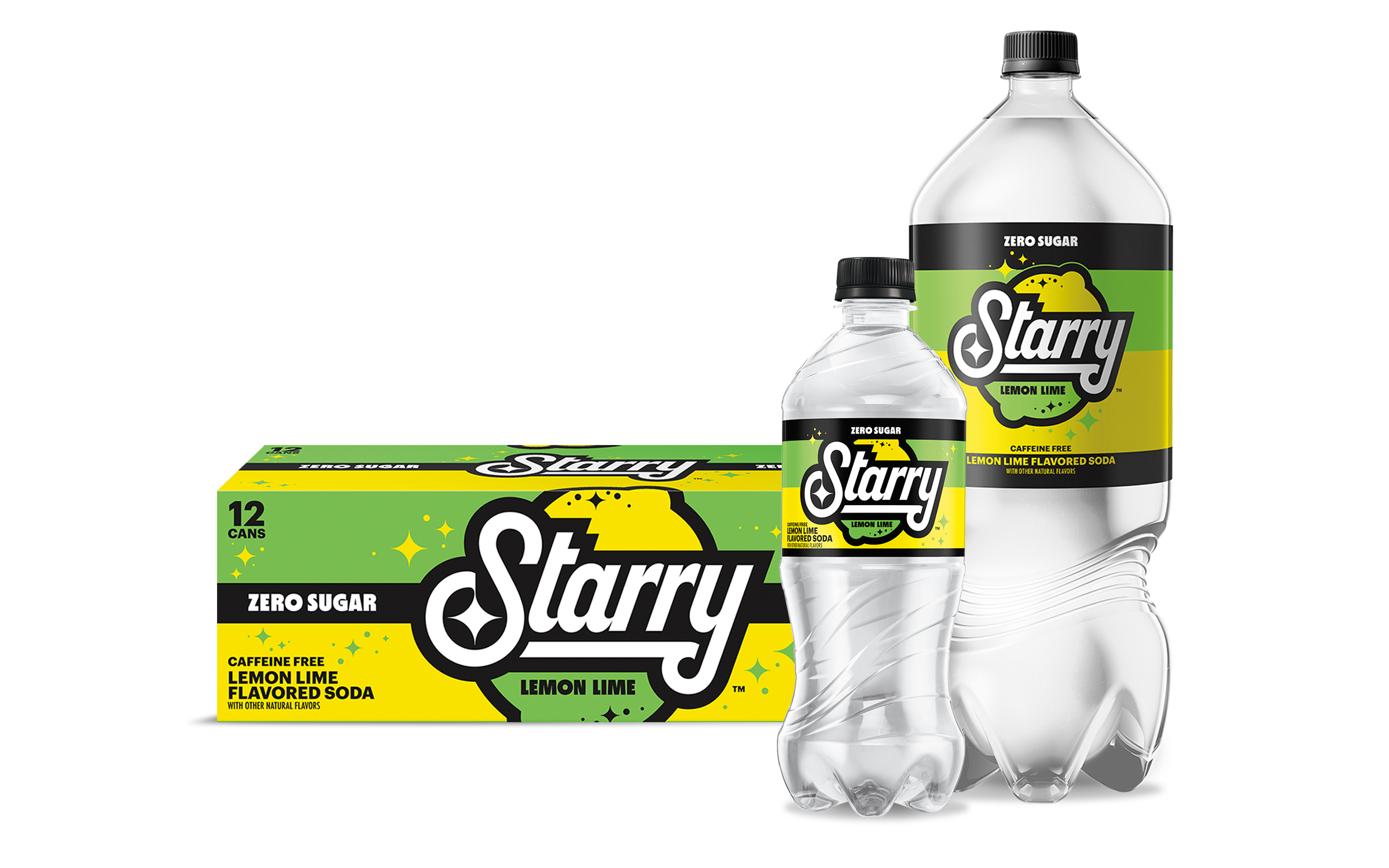 Starry Zero Sugar soda 12-pack, 2-liter, and 16 oz bottle