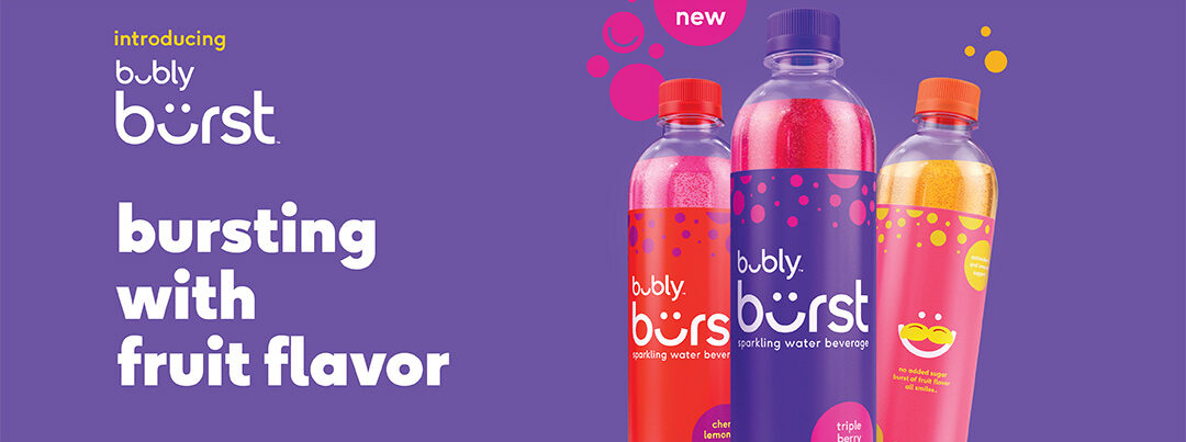 three colorful bottles of Bubly Burst sparkling water beverage on a purple background
