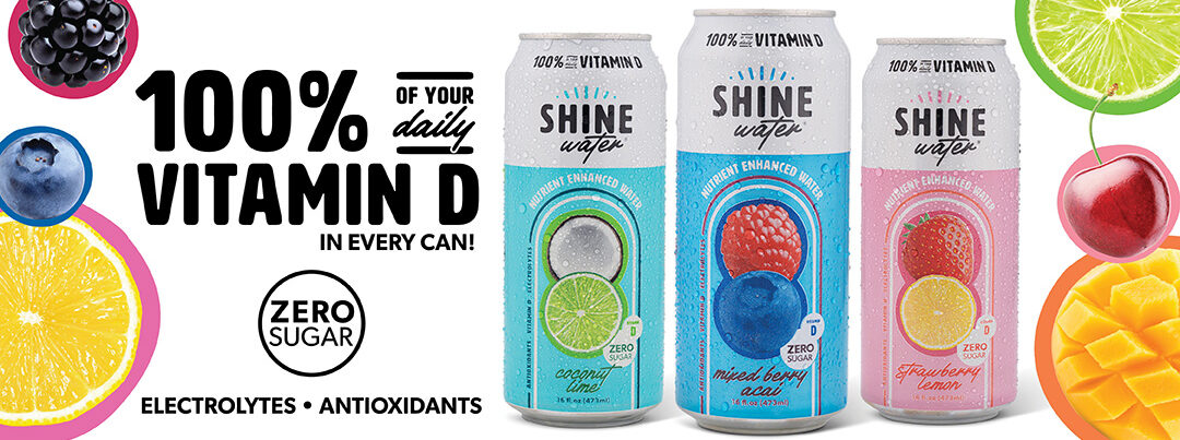 ShineWater in cans in three flavors: coconut lime, mixed berry acai, strawberry lemon