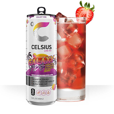 a can of Celsius Galaxy Vibe next to Celsius Nebula Berry Blast in a glass with a strawberry slice