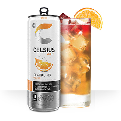 a can of Celsius orange next to Celsius Sunrise in a glass with an orange wedge