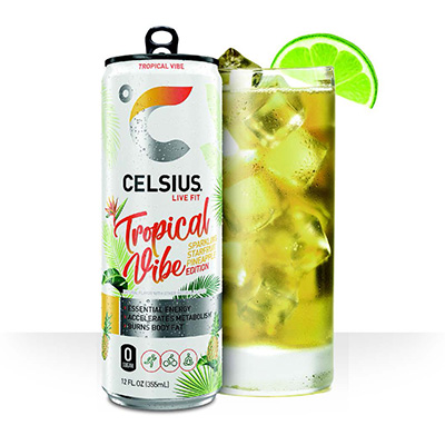 a can of Celsius Tropical Vibe next to Celsius Celsi-rita in a glass with a lime wedge