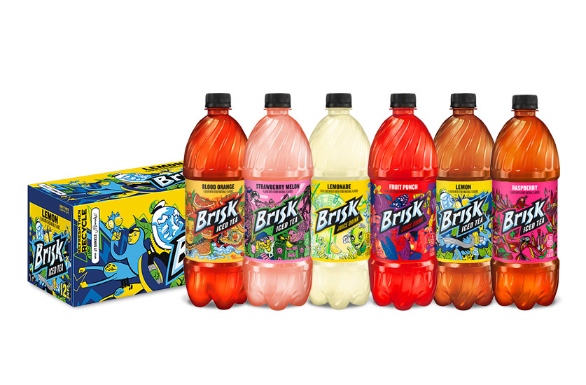 Brisk iced tea cans and various juice flavor bottles