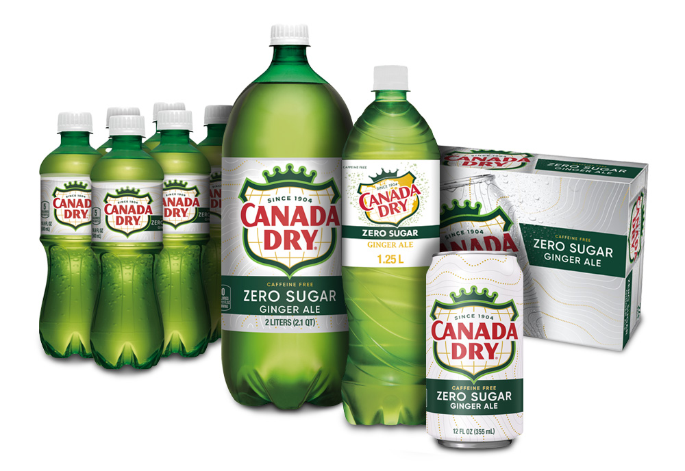 Canada Dry Ginger Ale Zero Sugar 12 oz cans, 1.25 liter bottle, 2 liter bottle, and 6-pack of 16 oz bottles