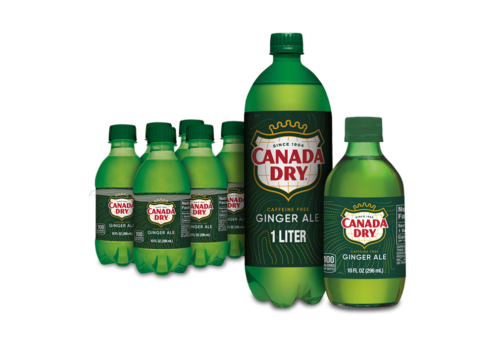 Canada Dry 10 oz glass bottle, 1 liter plastic bottle, and 6-pack of 10 oz plastic bottles