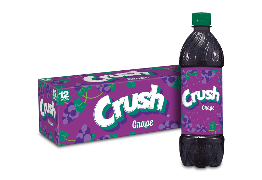 Crush Grape 16 oz bottle and 12 pack cans