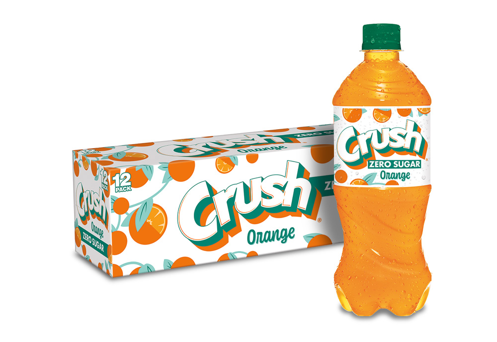 Crush Orange Zero Sugar 16 oz bottle and 12 pack cans