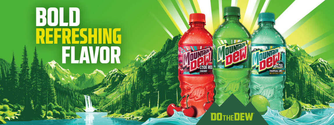 bottles of Mountain Dew, Mountain Dew Baja Blast, and Mountain Dew Code Red next to the words bold refreshing flavor