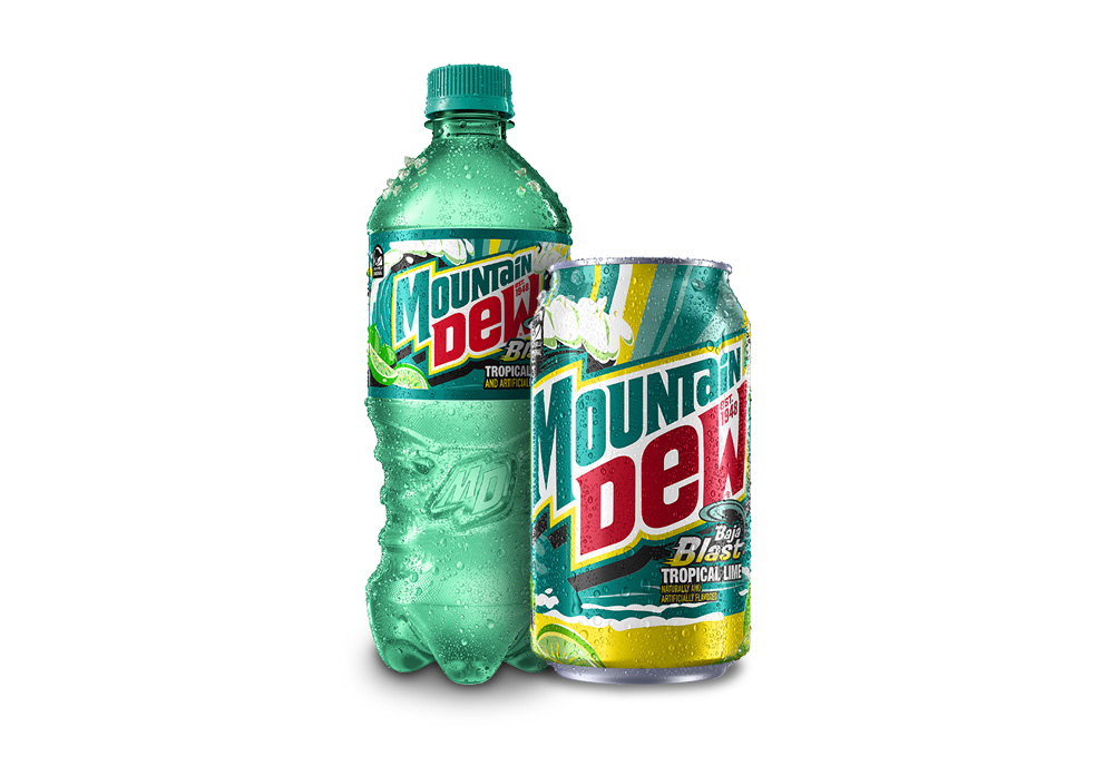 Mountain Dew Baja Blast Tropical Lime 12oz can and 16.9oz bottle