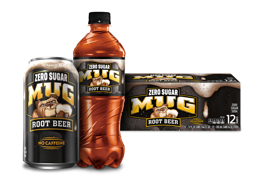 Mug Zero Sugar Root Beer 12oz can, 16oz bottle, and 12-pack cans