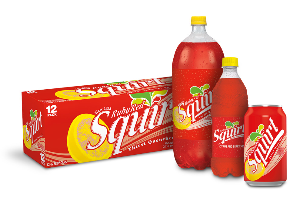 Squirt Ruby Red cans, 2 liter bottle, and 16 oz bottle