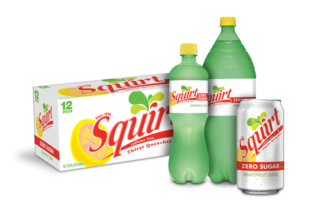 Squirt Zero Sugar cans, 2 liter bottle, and and 16 oz bottle