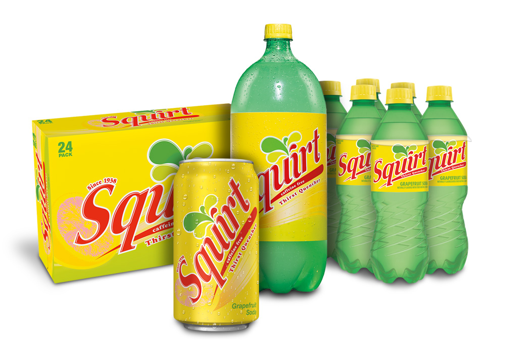 Squirt cans, 2 liter bottle, and 6-pack of 16 oz bottles
