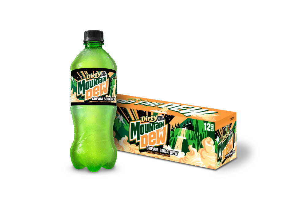 Mountain Dew Dirty Cream Soda Zero Sugar bottle and 12-pack