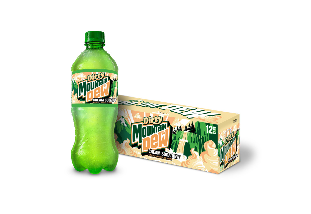 Mountain Dew Dirty Cream Soda bottle and 12-pack