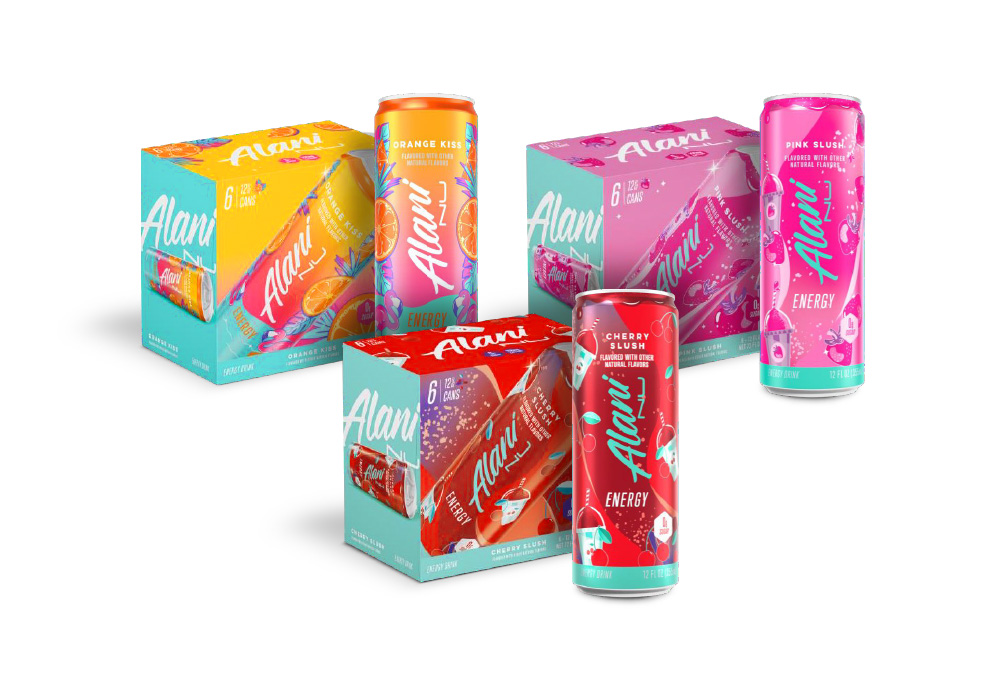 Alani Nu Cherry Slush 6-pack and can, Orange Kiss 6-pack and can, Pink Slush 6-pack and can